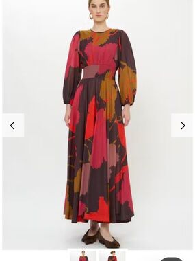 Oliphant Long-Sleeve Maxi Dress in Red, Pink and Brown Abstract Print